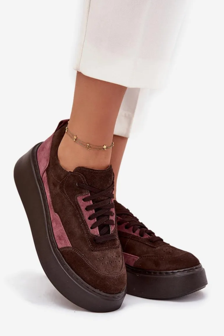 Sneakersy Damskie Z Naturalnego Zamszu Na Platformie Zazoo N1265S3 Czekoladowe