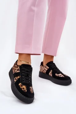 Sneakersy Damskie Z Panterką Na Platformie Czarne Nativira