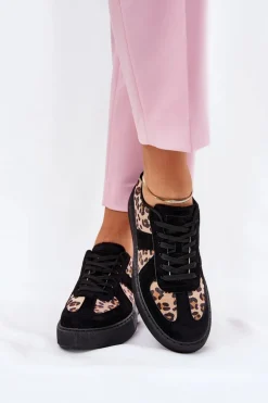 Sneakersy Damskie Z Panterką Na Platformie Czarne Nativira