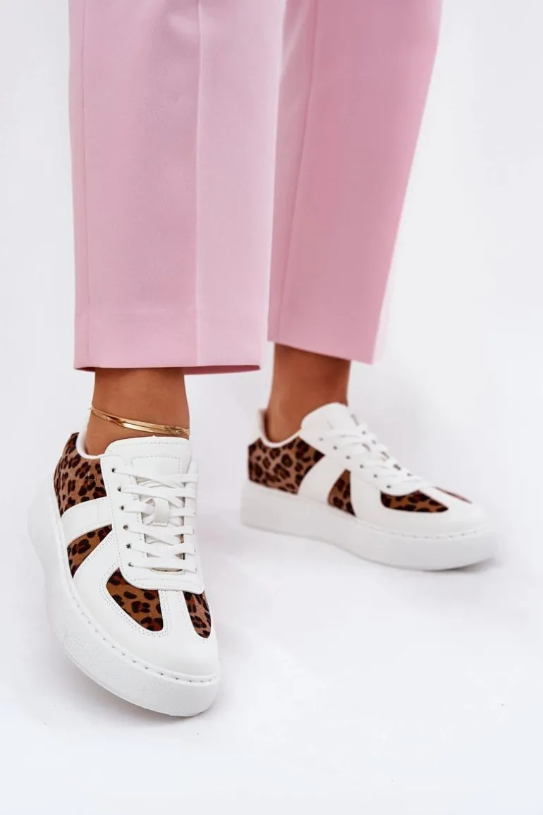 Sneakersy Damskie Z Panterką Na Platformie Białe Nativira