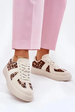 Sneakersy Damskie Z Panterką Na Platformie Beżowe Nativira