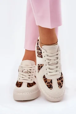 Sneakersy Damskie Z Panterką Na Platformie Beżowe Nativira