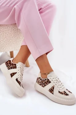 Sneakersy Damskie Z Panterką Na Platformie Beżowe Nativira