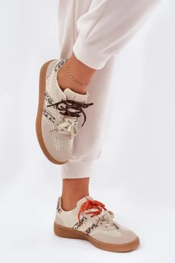 Sneakersy Damskie Z Podwójnym Sznurowaniem Panterka Beżowe Ollabes