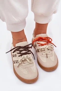 Sneakersy Damskie Z Podwójnym Sznurowaniem Panterka Beżowe Ollabes