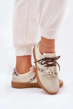 Sneakersy Damskie Z Podwójnym Sznurowaniem Panterka Beżowe Ollabes