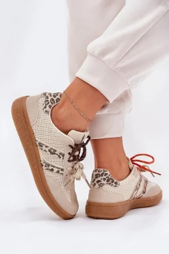 Sneakersy Damskie Z Podwójnym Sznurowaniem Panterka Beżowe Ollabes