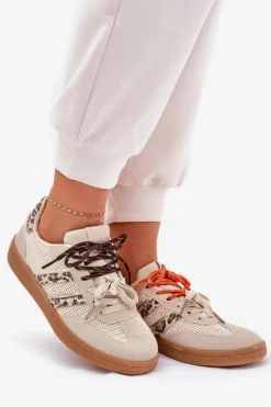 Sneakersy Damskie Z Podwójnym Sznurowaniem Panterka Beżowe Ollabes