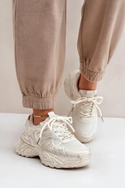 Sneakersy Damskie Z Przetarciami Na Platformie Beżowe Seladwen