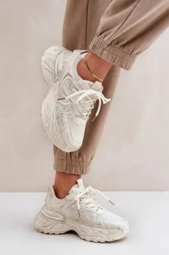 Sneakersy Damskie Z Przetarciami Na Platformie Beżowe Seladwen