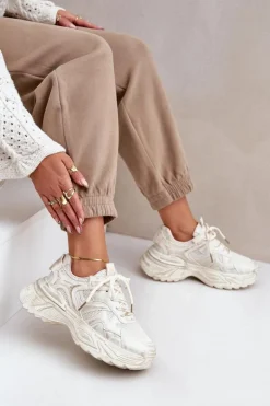 Sneakersy Damskie Z Przetarciami Na Platformie Beżowe Seladwen