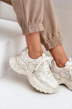 Sneakersy Damskie Z Przetarciami Na Platformie Beżowe Seladwen