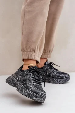 Sneakersy Damskie Z Przetarciami Na Platformie Czarne Seladwen
