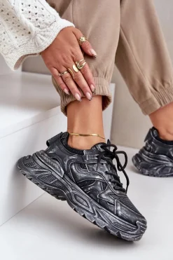 Sneakersy Damskie Z Przetarciami Na Platformie Czarne Seladwen
