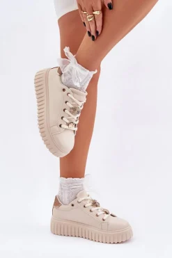 Sneakersy Damskie Z Przypinkami Beżowe Grelesi