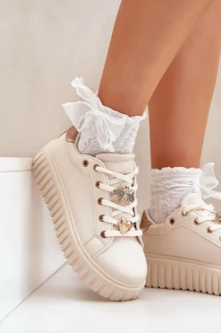 Sneakersy Damskie Z Przypinkami Beżowe Grelesi