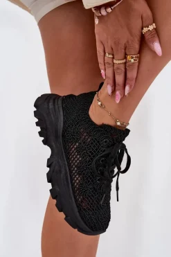 Sneakersy Damskie Z Szydełkową Cholewką Czarne Jelhiris