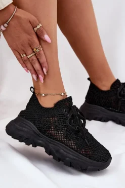 Sneakersy Damskie Z Szydełkową Cholewką Czarne Jelhiris