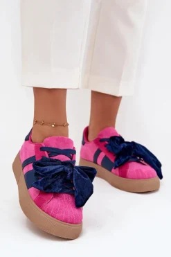 Sneakersy Damskie Z Welurową Kokardą Fuksja Ashlyn