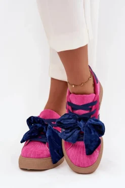 Sneakersy Damskie Z Welurową Kokardą Fuksja Ashlyn