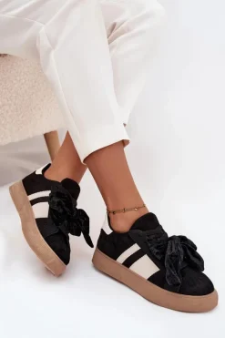 Sneakersy Damskie Z Welurową Kokardą Czarne Ashlyn