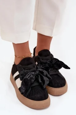Sneakersy Damskie Z Welurową Kokardą Czarne Ashlyn
