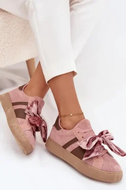 Sneakersy Damskie Z Welurową Kokardą Różowe Ashlyn