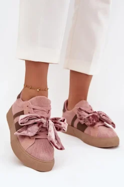 Sneakersy Damskie Z Welurową Kokardą Różowe Ashlyn