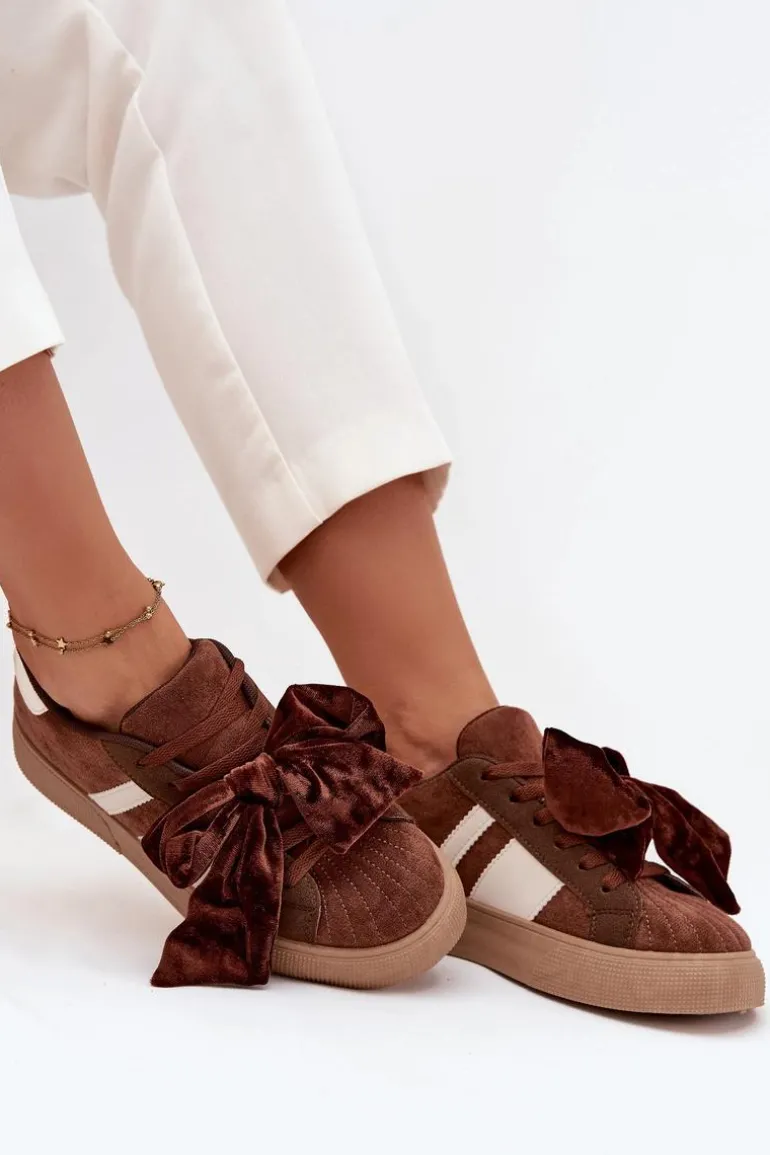 Sneakersy Damskie Z Welurową Kokardą Brązowe Ashlyn