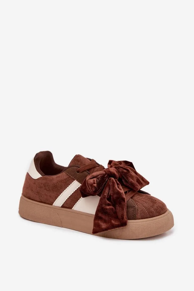 Sneakersy Damskie Z Welurową Kokardą Brązowe Ashlyn
