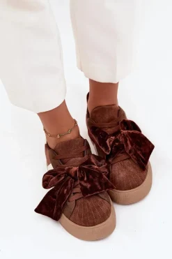 Sneakersy Damskie Z Welurową Kokardą Brązowe Ashlyn
