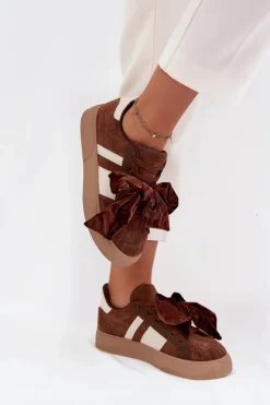 Sneakersy Damskie Z Welurową Kokardą Brązowe Ashlyn