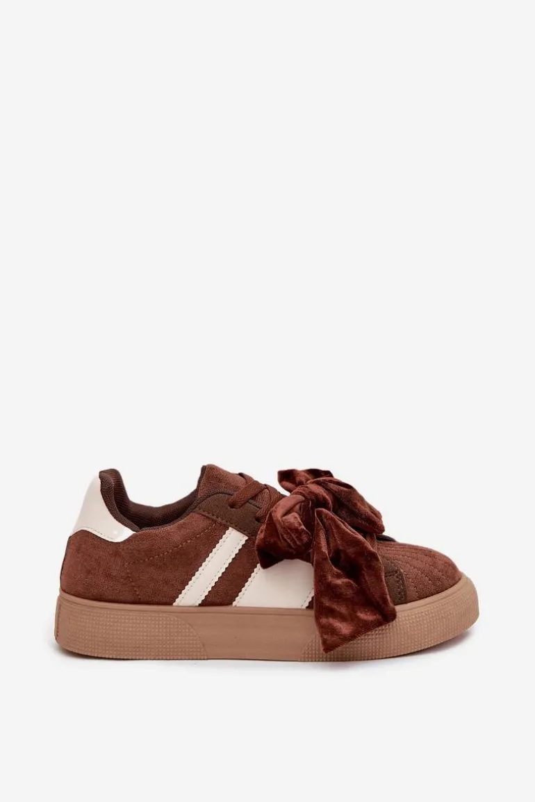 Sneakersy Damskie Z Welurową Kokardą Brązowe Ashlyn