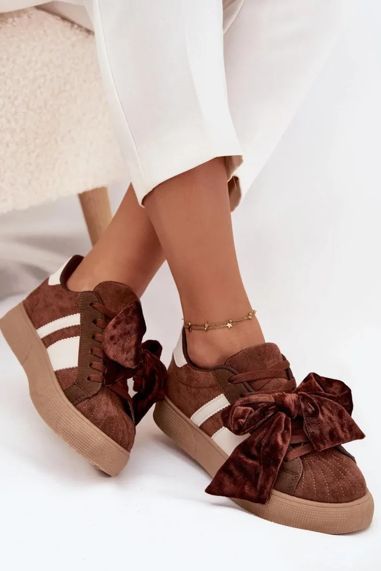 Sneakersy Damskie Z Welurową Kokardą Brązowe Ashlyn