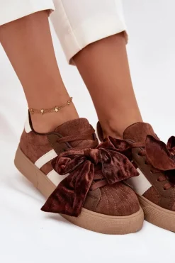 Sneakersy Damskie Z Welurową Kokardą Brązowe Ashlyn