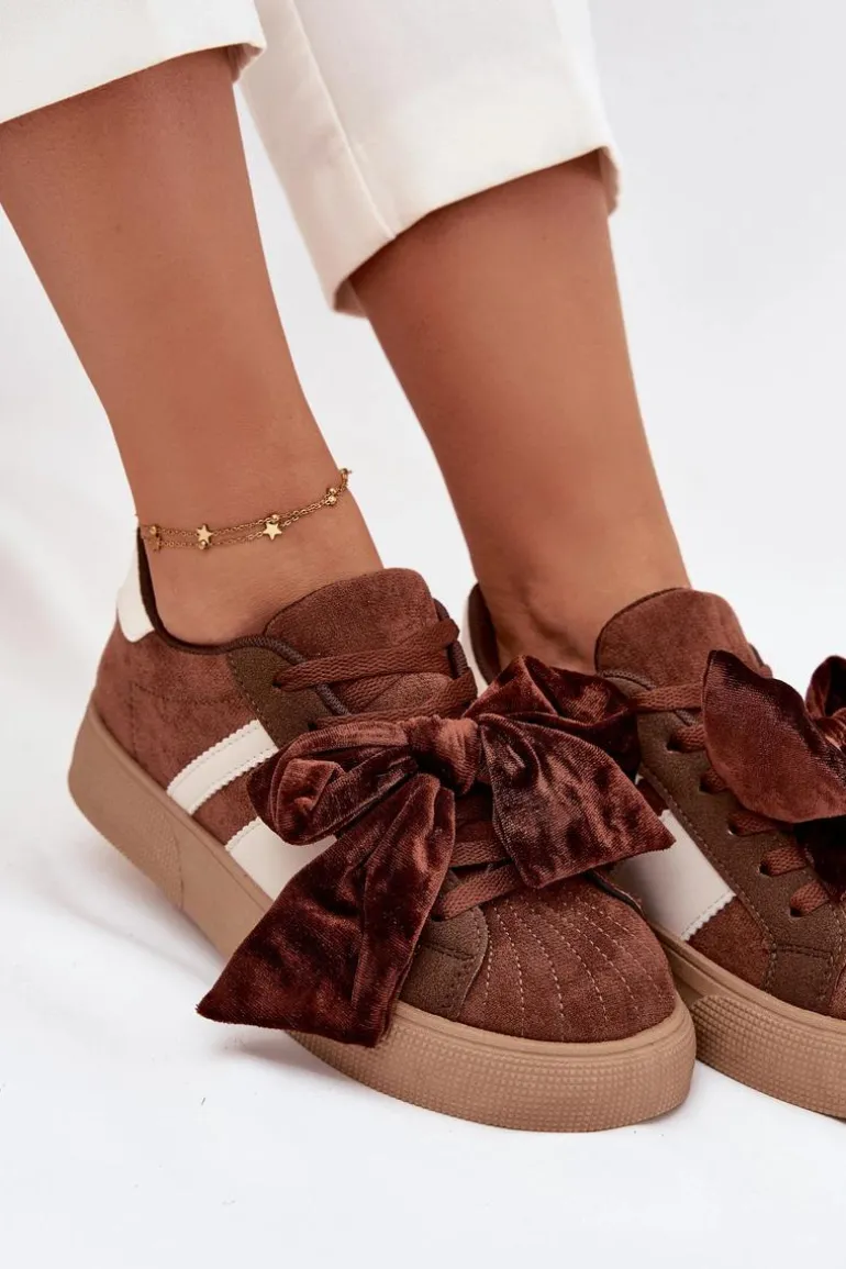 Sneakersy Damskie Z Welurową Kokardą Brązowe Ashlyn