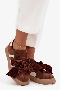 Sneakersy Damskie Z Welurową Kokardą Brązowe Ashlyn