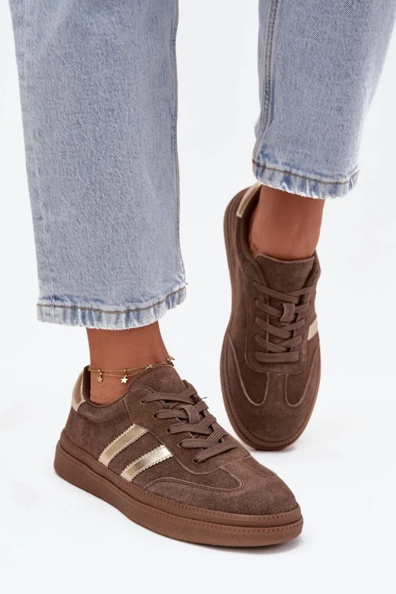 Sneakersy Damskie Zamszowe Na Platformie Brązowe Sylviona