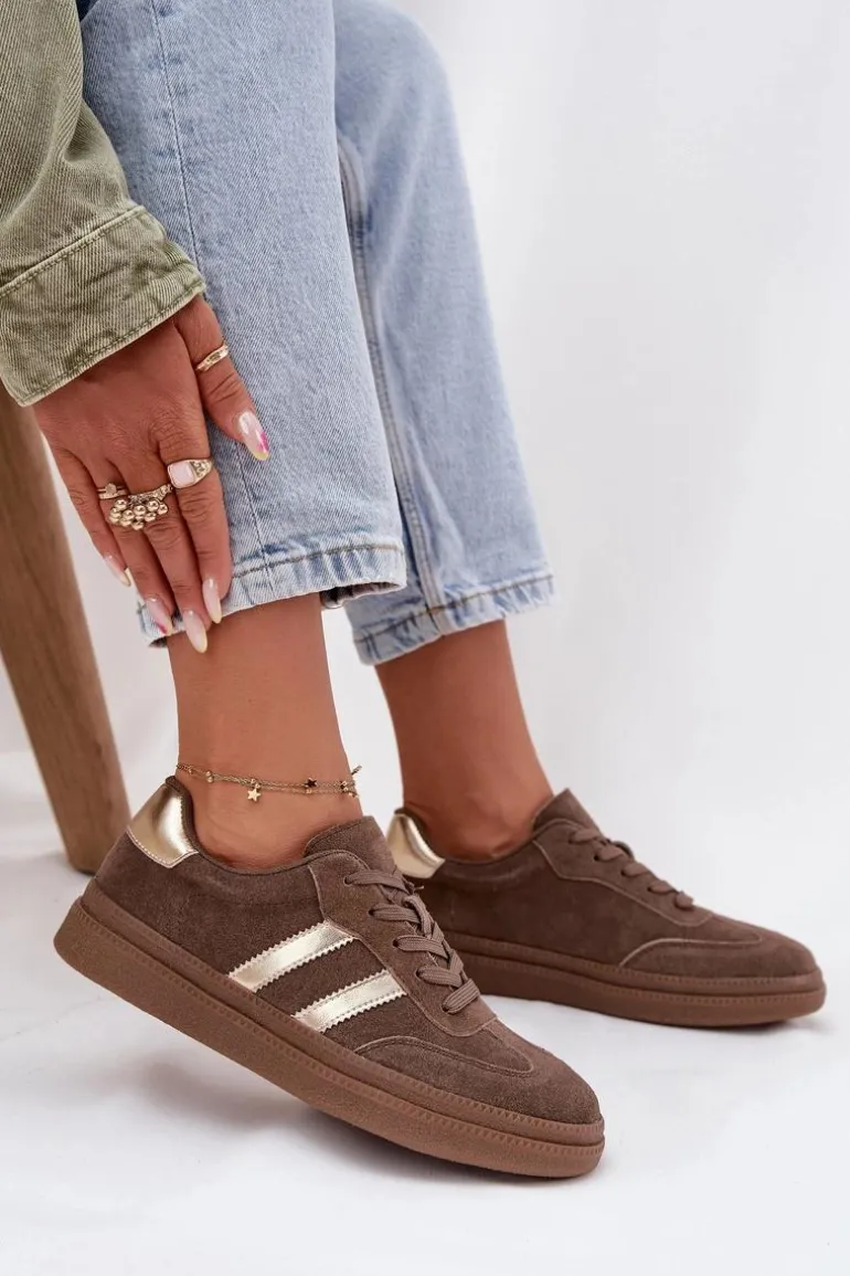 Sneakersy Damskie Zamszowe Na Platformie Brązowe Sylviona