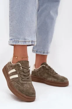 Sneakersy Damskie Zamszowe Na Platformie Ciemnozielone Sylviona