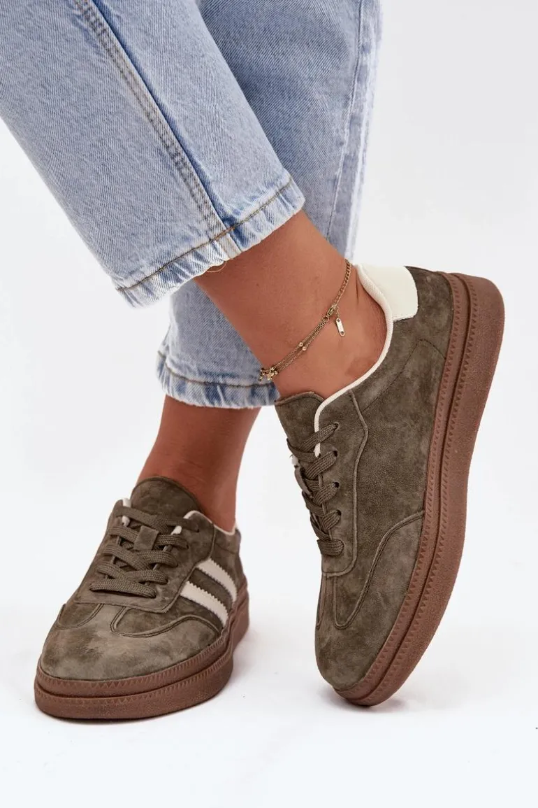 Sneakersy Damskie Zamszowe Na Platformie Ciemnozielone Sylviona