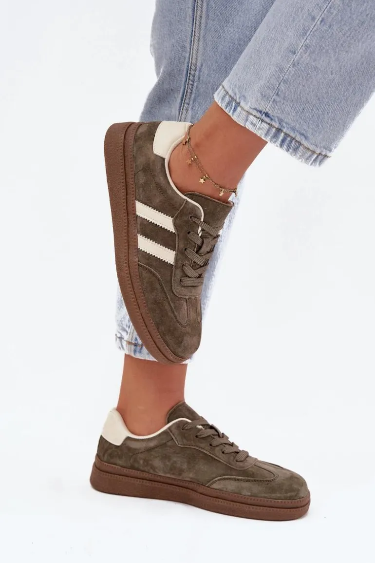 Sneakersy Damskie Zamszowe Na Platformie Ciemnozielone Sylviona