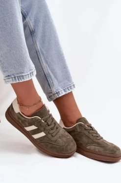 Sneakersy Damskie Zamszowe Na Platformie Ciemnozielone Sylviona