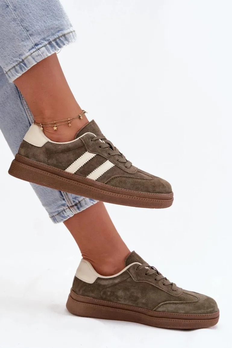 Sneakersy Damskie Zamszowe Na Platformie Ciemnozielone Sylviona