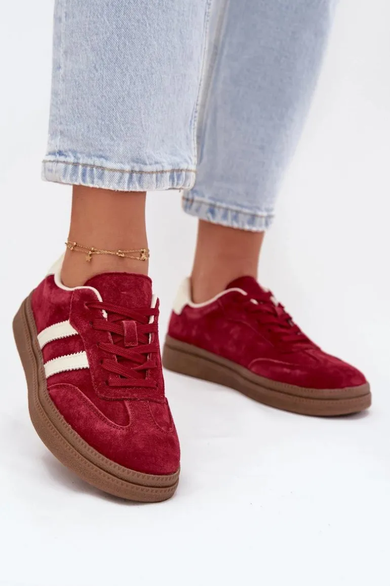 Sneakersy Damskie Zamszowe Na Platformie Bordowe Sylviona