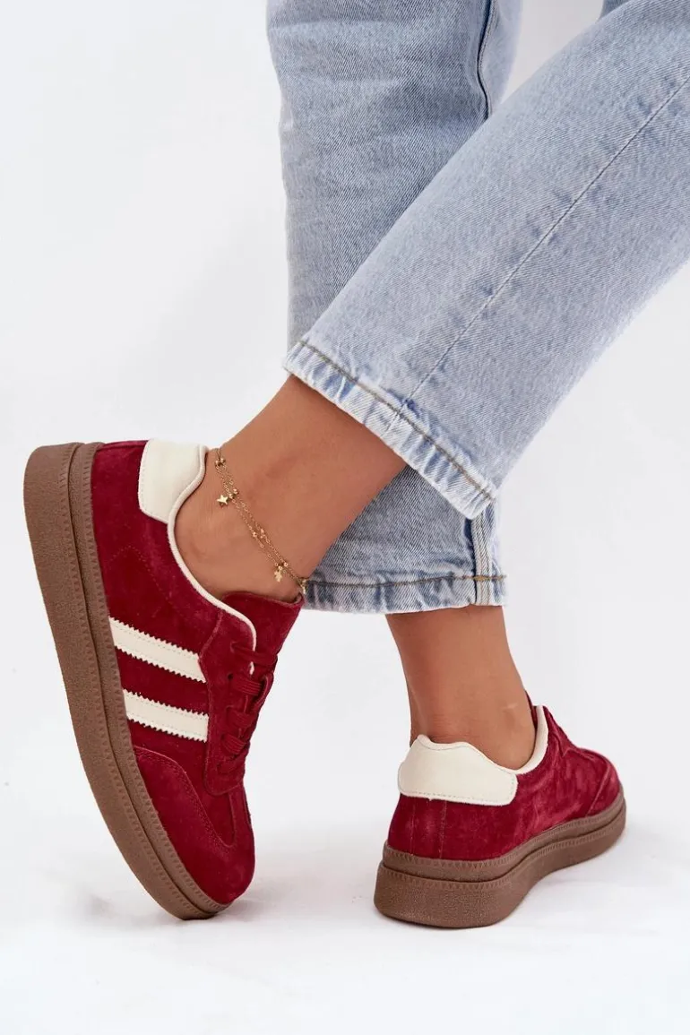Sneakersy Damskie Zamszowe Na Platformie Bordowe Sylviona