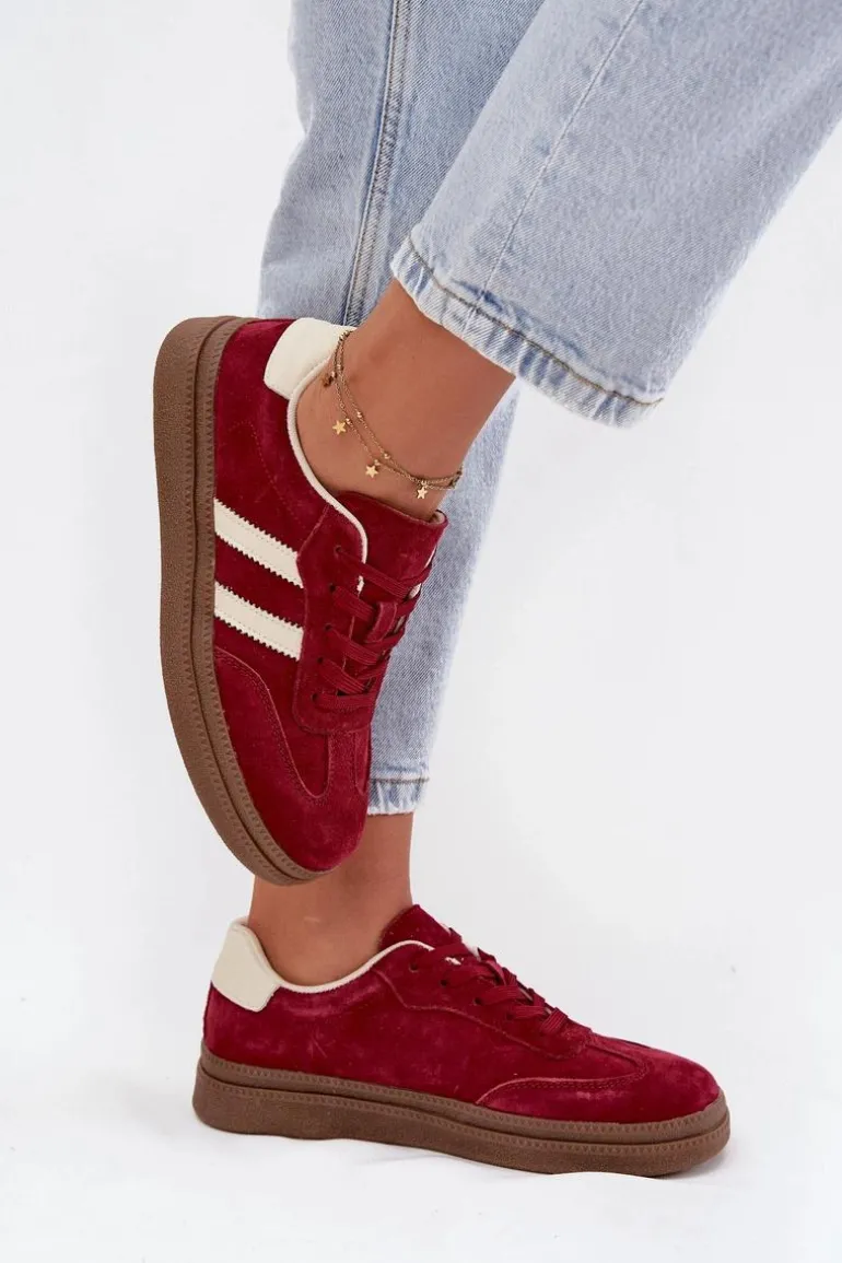 Sneakersy Damskie Zamszowe Na Platformie Bordowe Sylviona