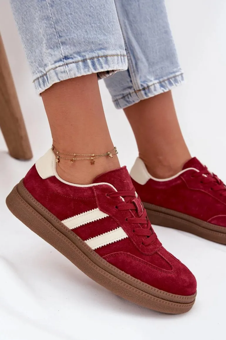 Sneakersy Damskie Zamszowe Na Platformie Bordowe Sylviona