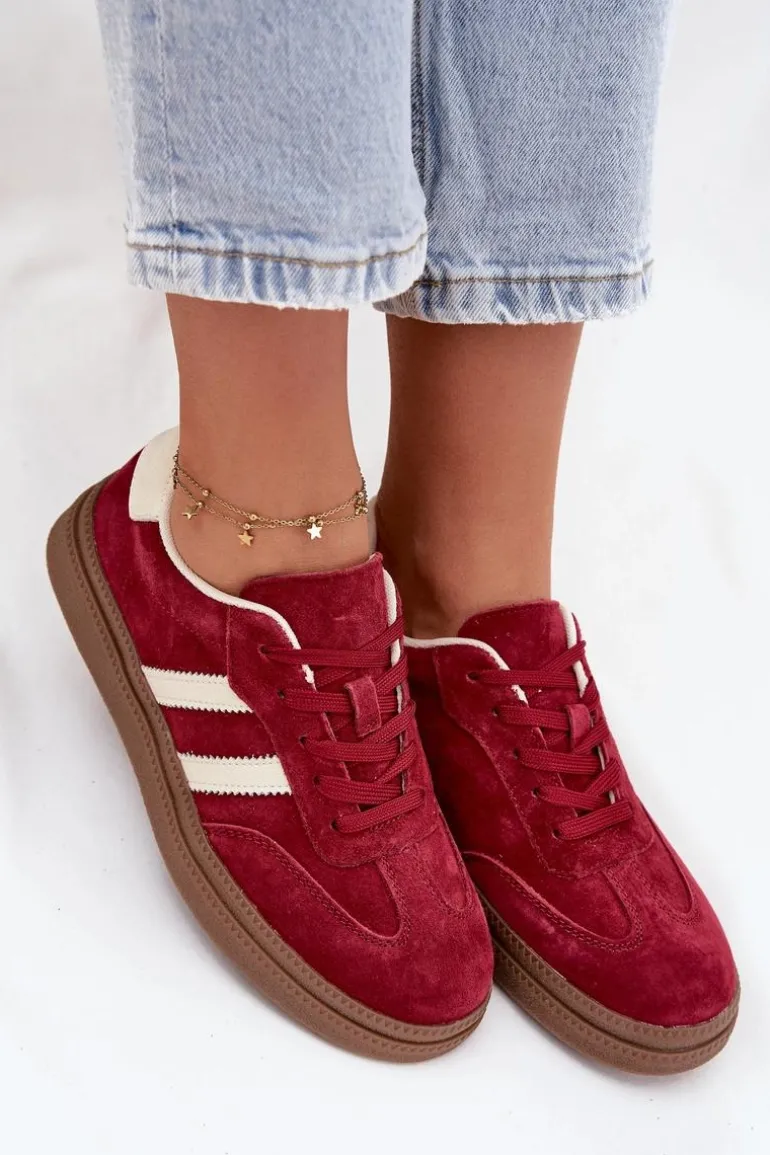 Sneakersy Damskie Zamszowe Na Platformie Bordowe Sylviona