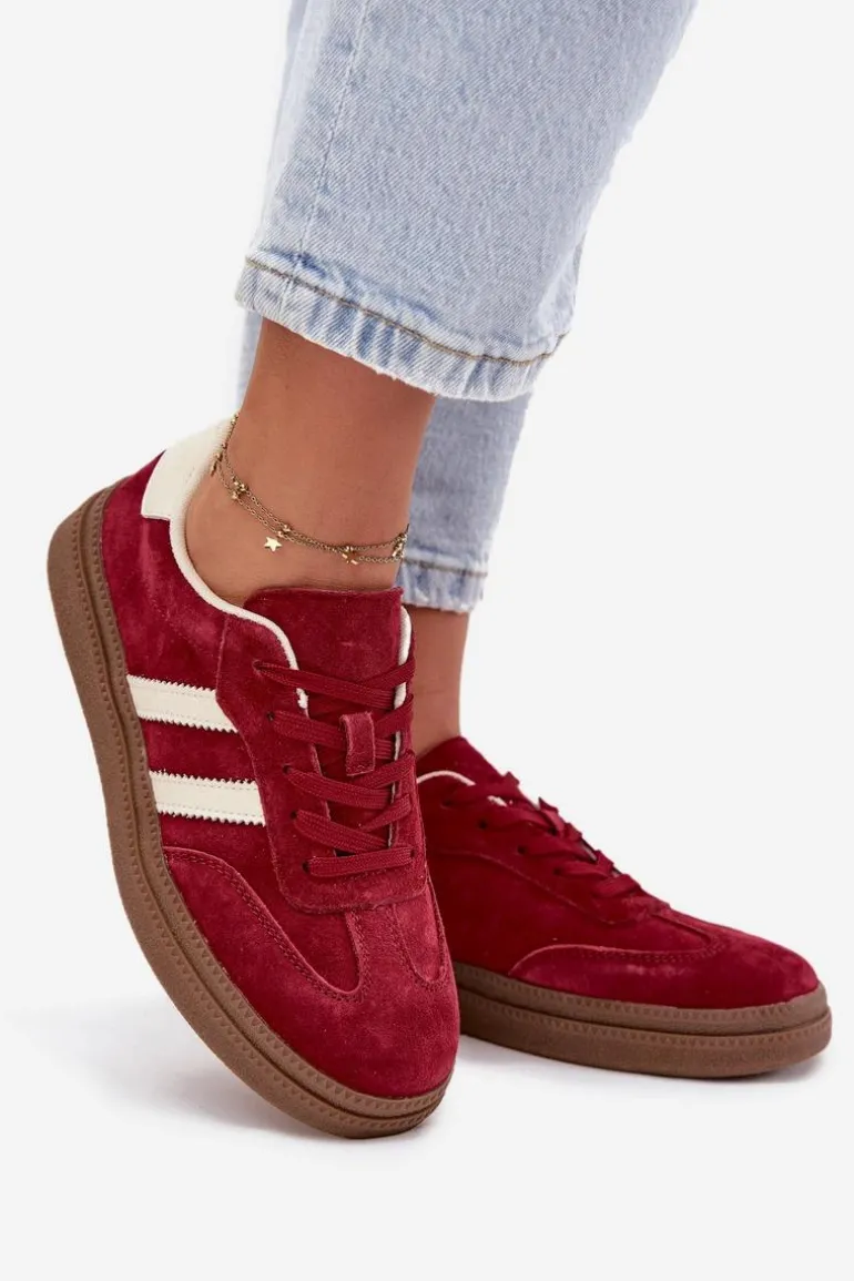 Sneakersy Damskie Zamszowe Na Platformie Bordowe Sylviona